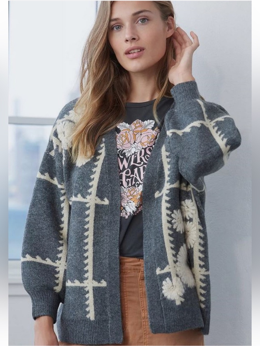 Anthropologie Catherine Floral Embroidered Open Cardigan Sweater One Size